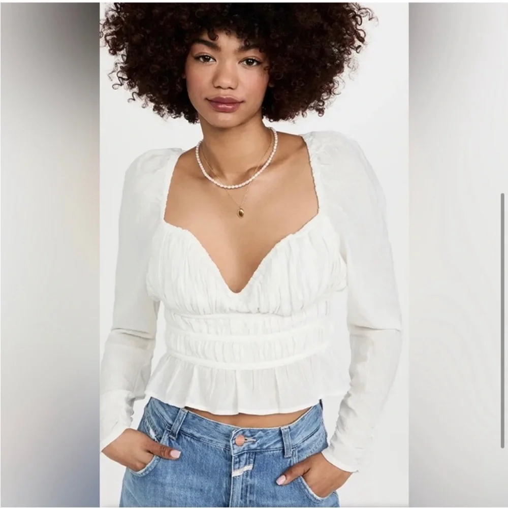 Free People Ivory Smocked Peplum Long Sleeve Blouse